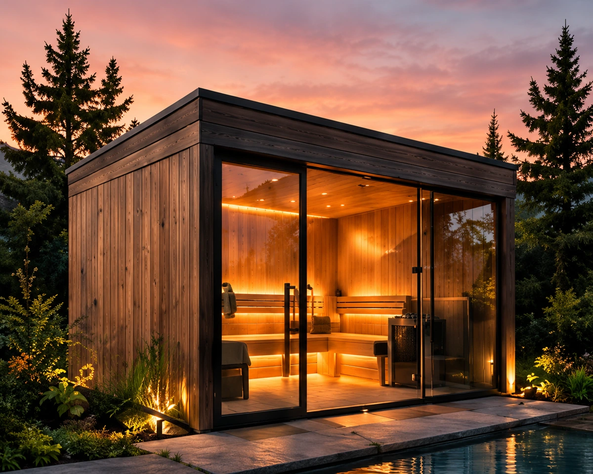 Sauna extérieur au coucher du soleil