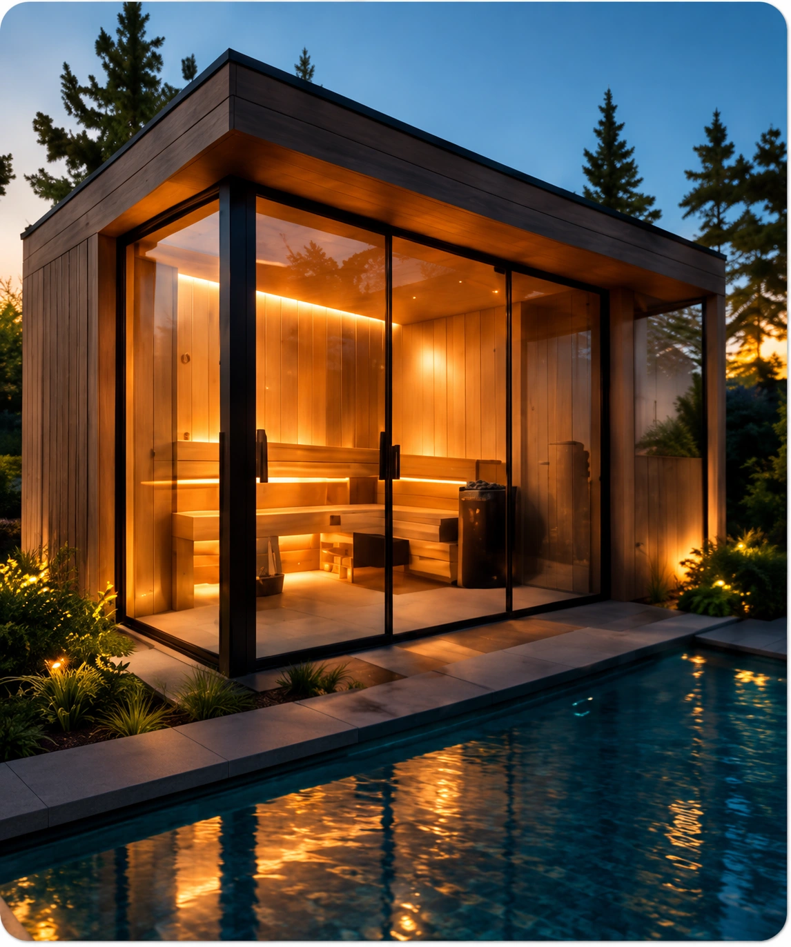 Sauna extérieur vitré dans un jardin